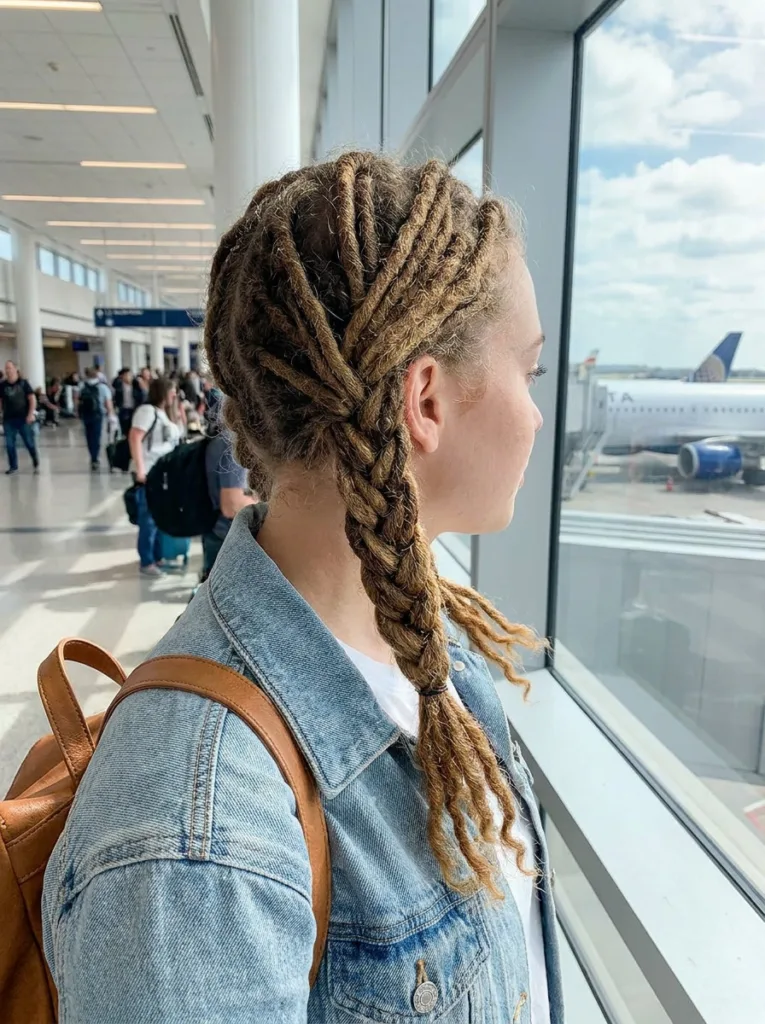 Shoulder length locs braided into two thick plaits resting on the shoulders