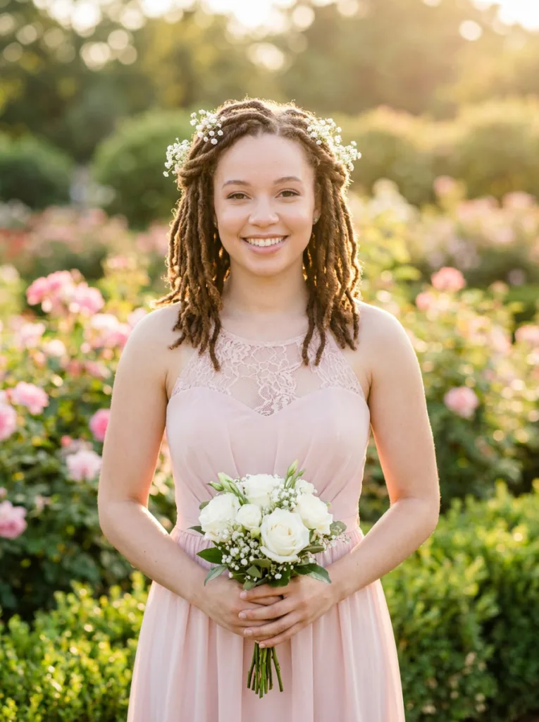 Shoulder length locs with two twisted locs wrapped over the head like a crown and tiny white flowers