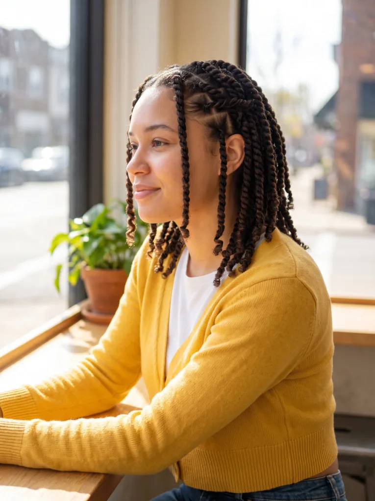 Young woman with shoulder-length two-strand twists on 3C natural curls