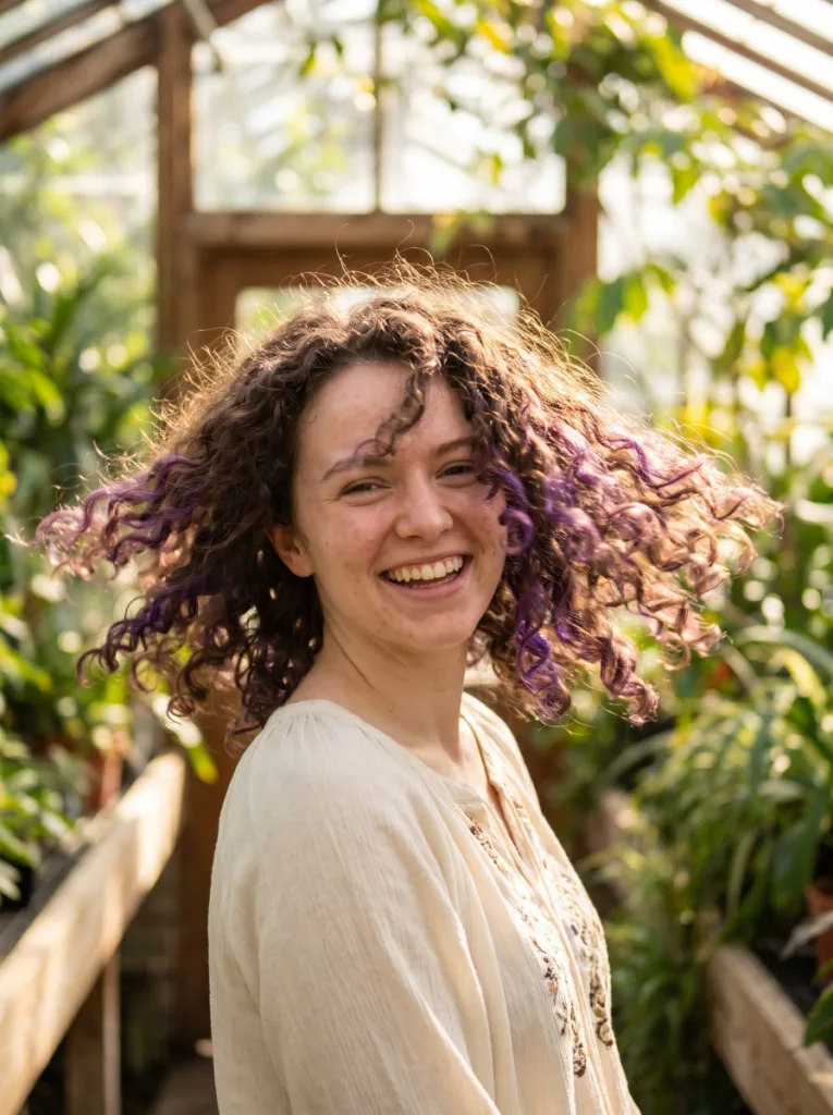 Woman with violet balayage hair color on natural curly hair