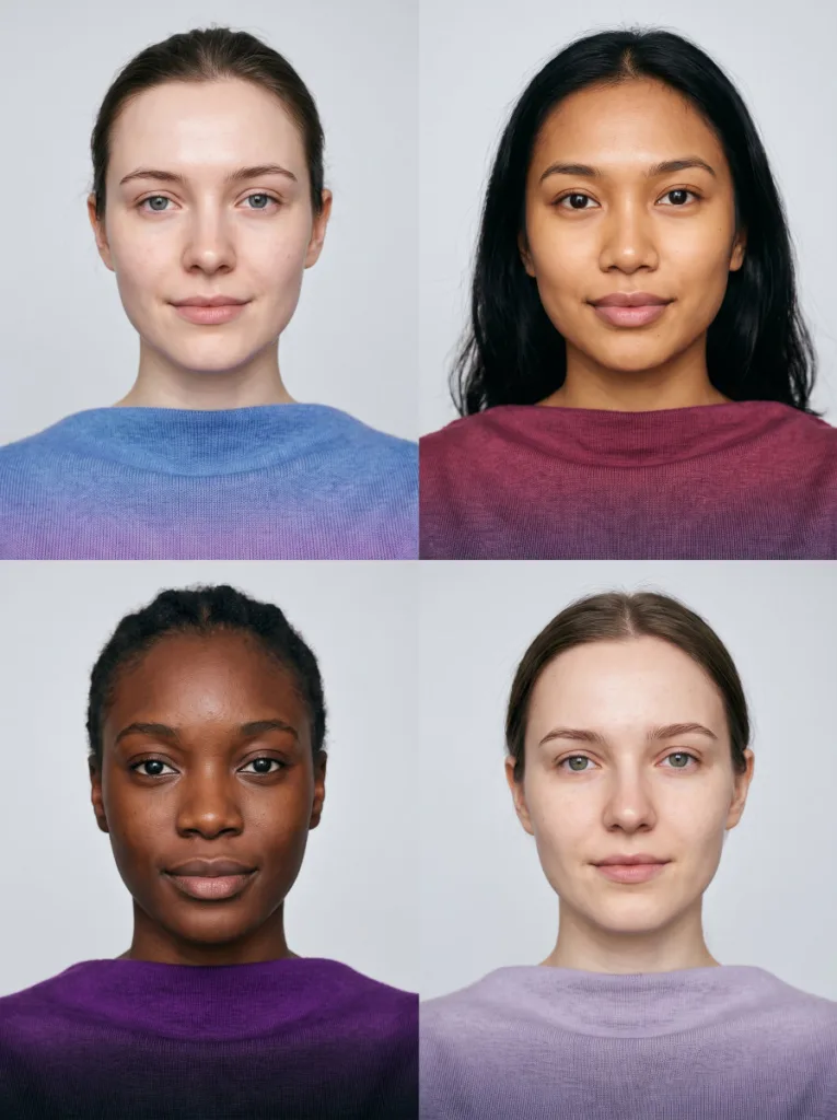 Violet gradient hair color shades matched to four different skin undertones