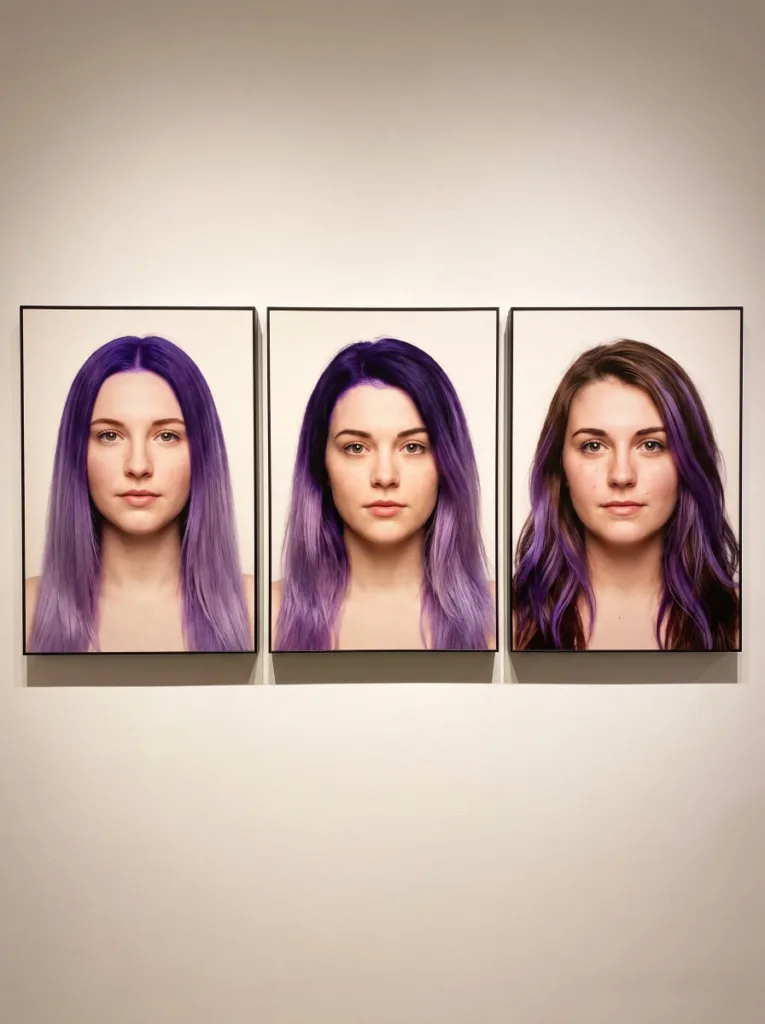 Side-by-side comparison of violet gradient, violet ombre hair, and violet balayage technique