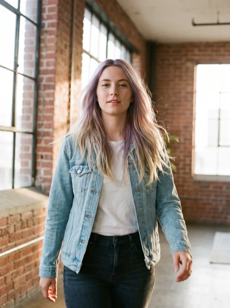 Woman with violet root smudge and blonde balayage hair color