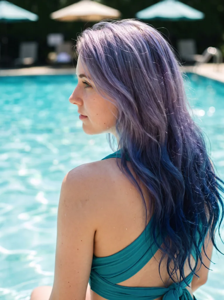 Woman with violet and blue duo-tone hair color in a mermaid-inspired poolside portrait