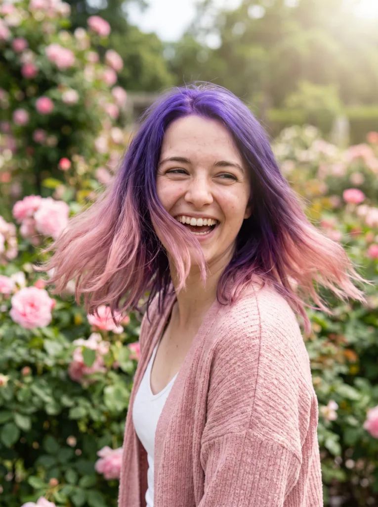 Woman with violet to pink gradient hair color captured mid-motion outdoors