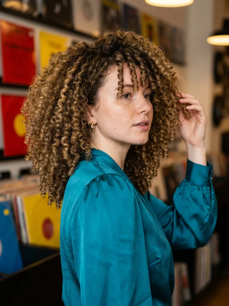 Voluminous shoulder-length crochet curls with a hidden cornrow base