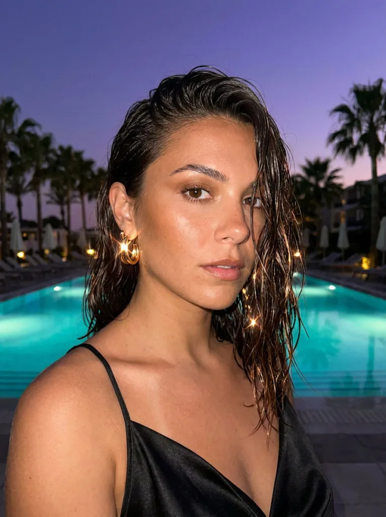 Dark brunette wet-look asymmetrical lob slicked to one side with glossy, sculpted strands