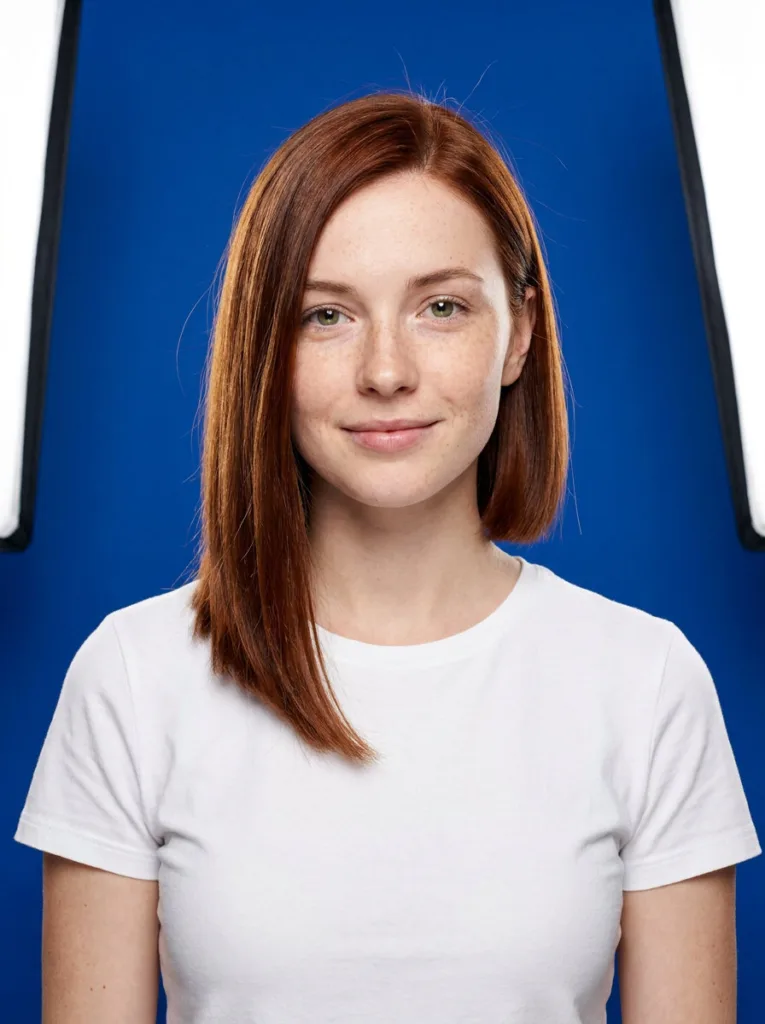 Front view of an auburn asymmetrical lob with one side at the jaw and the other side at the collarbone