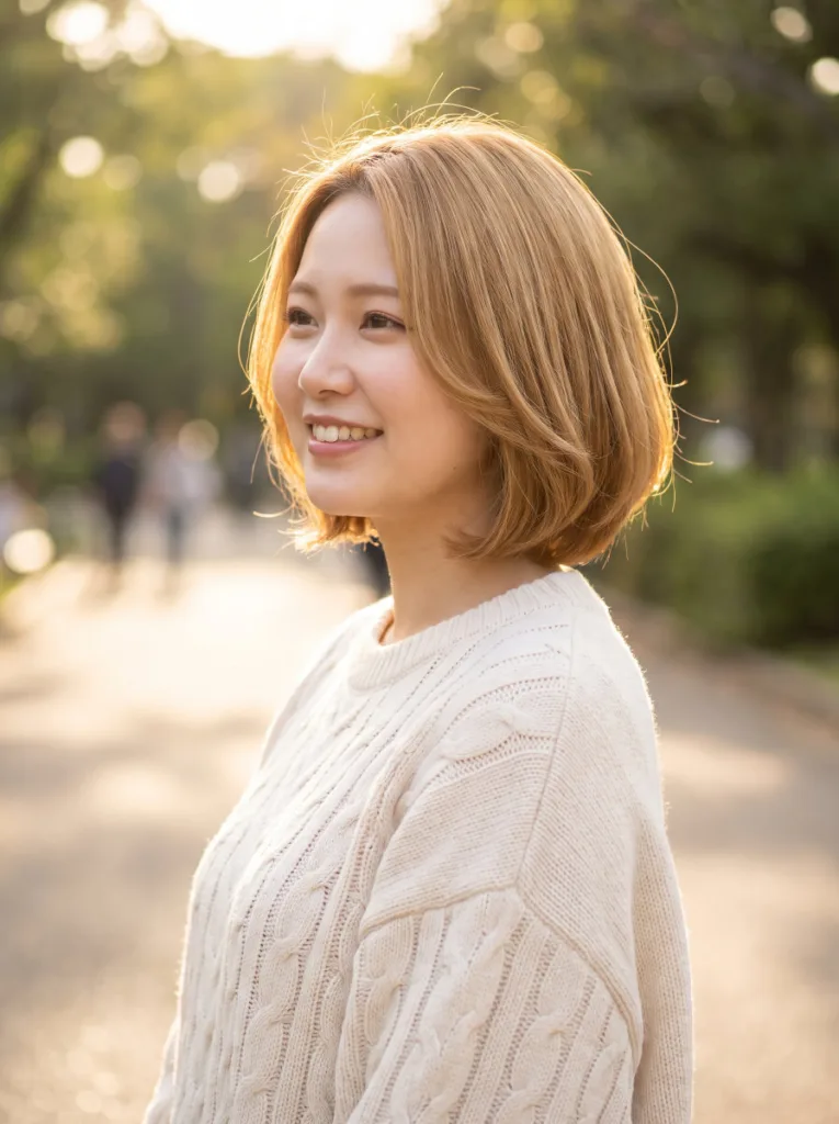 Woman with an A-line bob haircut showing short hair for round face styling
