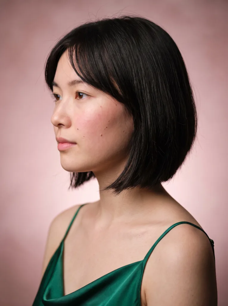 Woman with an angled bob and sweeping side bangs at chin length