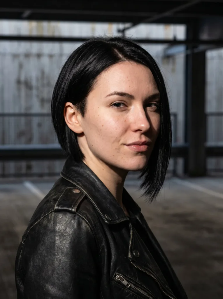 Woman with an asymmetrical bob, one side shorter than the other