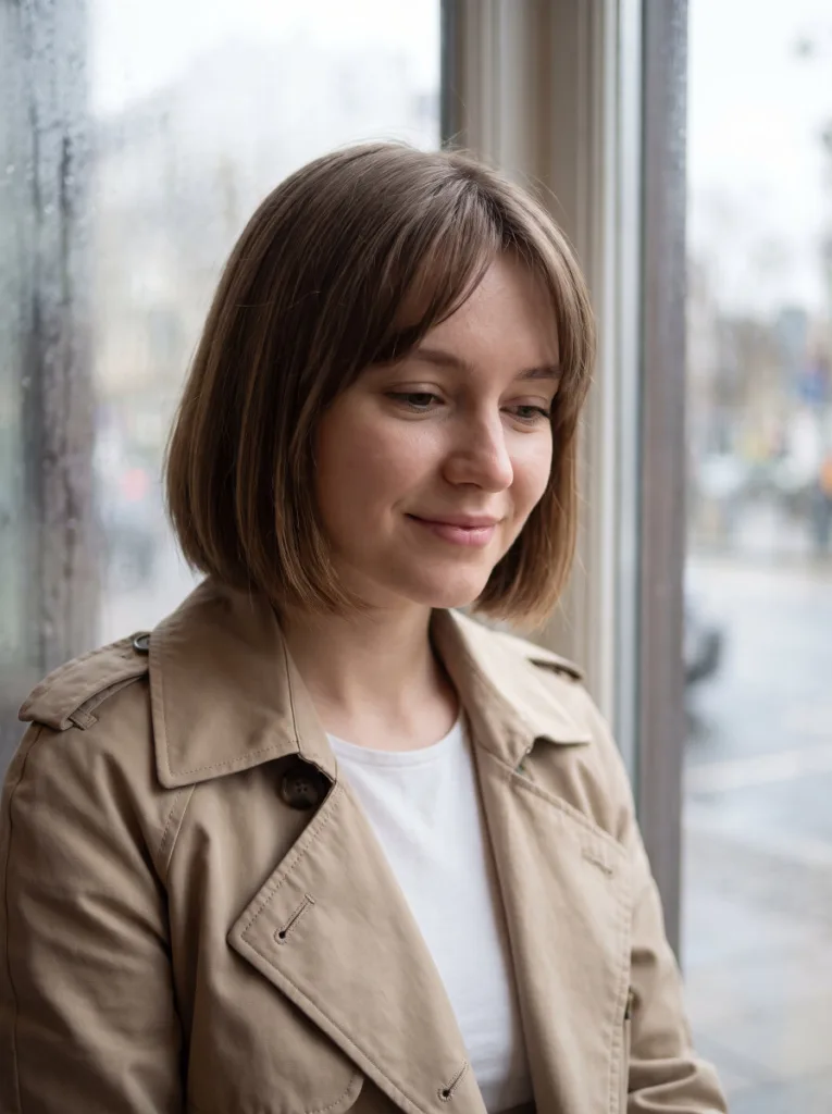 Woman with a chin length bob and soft curtain bangs framing her face