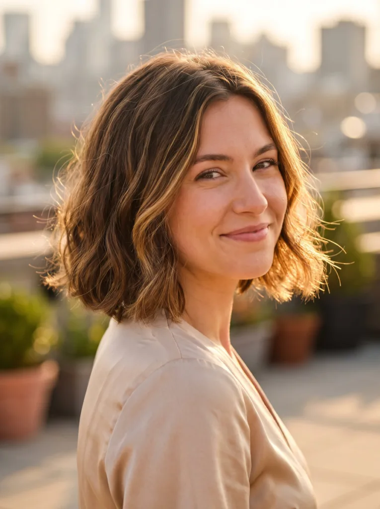Woman with a chin length bob featuring face-framing highlights