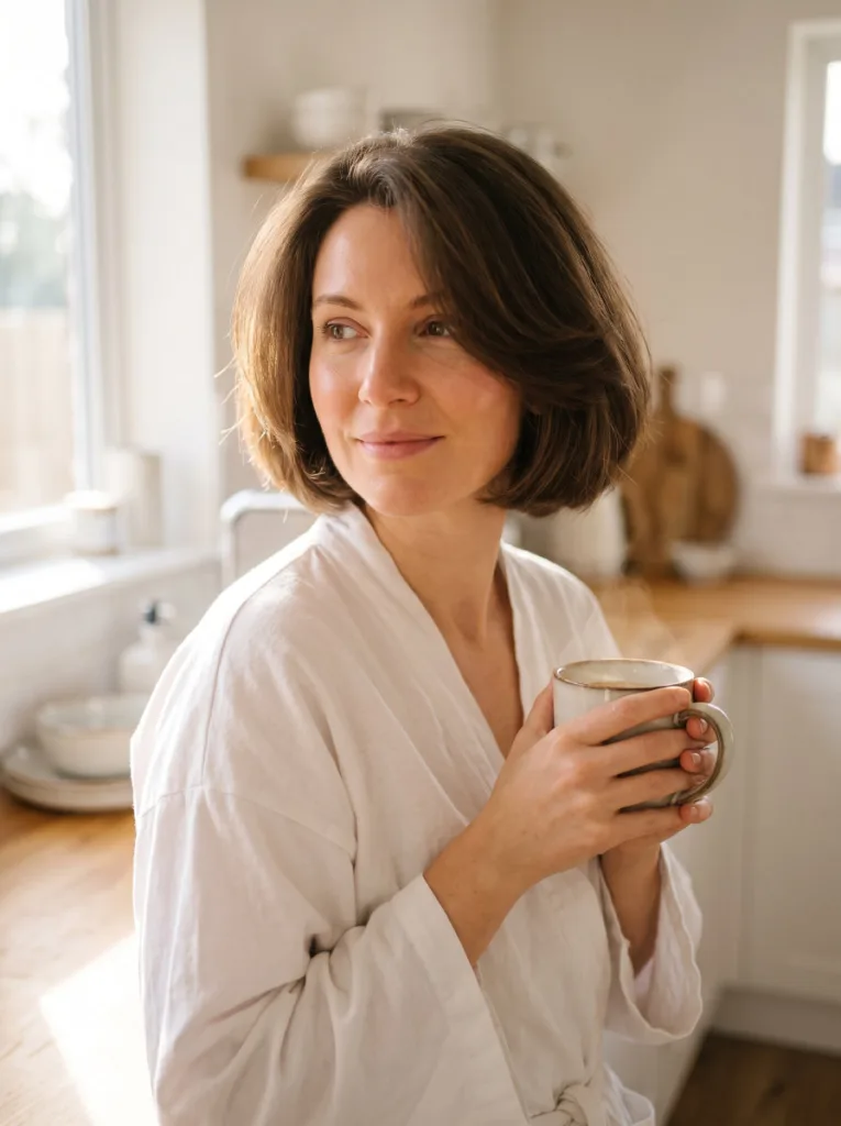 Woman with a chin length bob styled for thick hair with internal layering