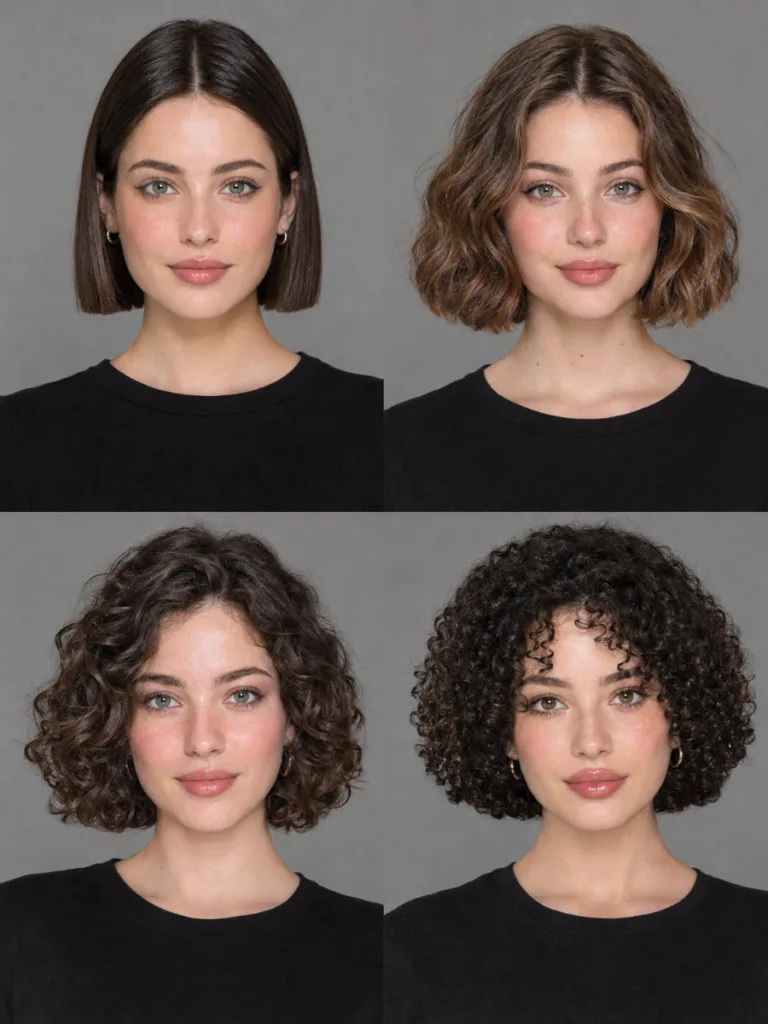 Four women showing chin length hair style on straight, wavy, curly, and coily textures