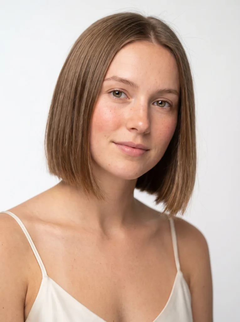 Woman with a classic blunt bob chin length hair style photographed in a studio