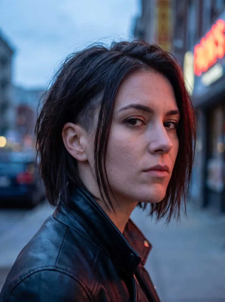 Woman with a chin length pixie bob hybrid haircut and undercut sides
