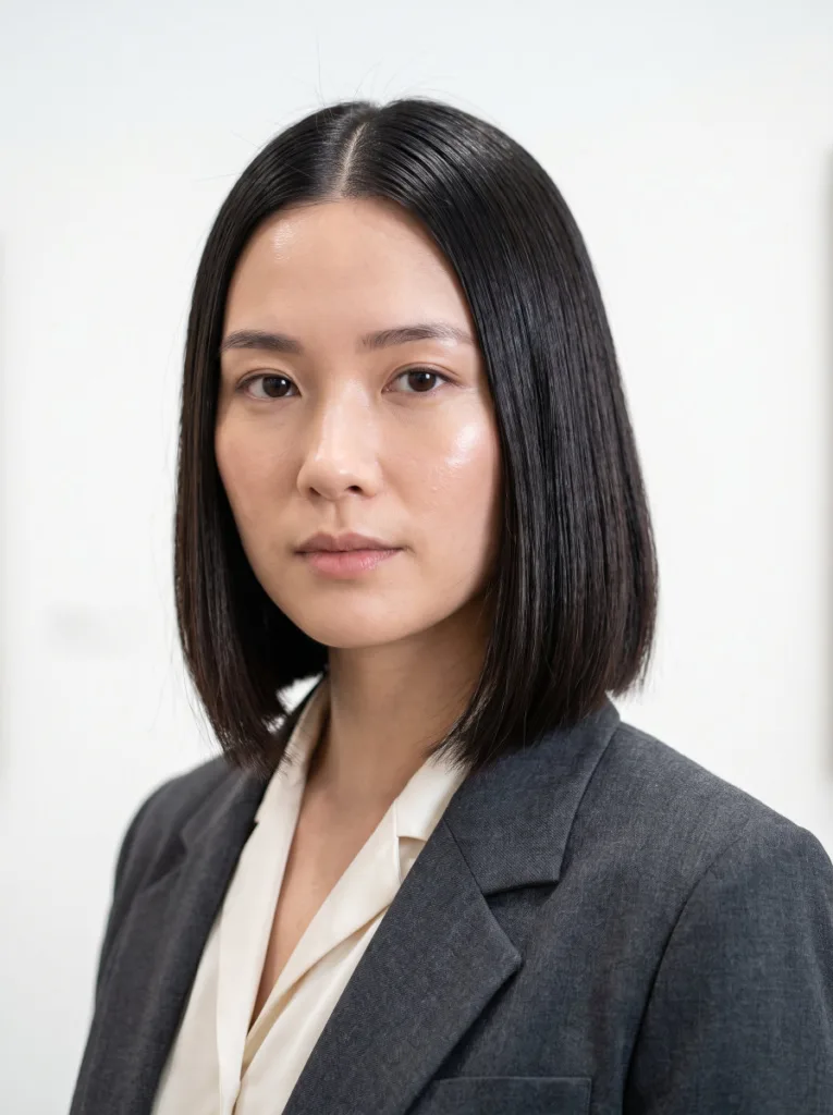 Woman with a sleek center part bob styled straight at chin length