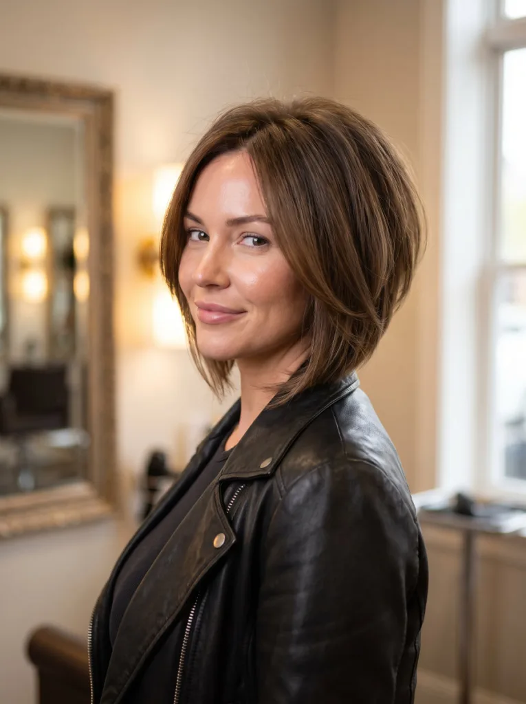 Woman with a stacked bob haircut showing volume at the crown