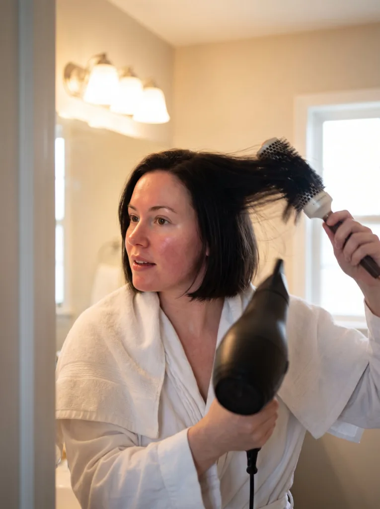 Woman styling her chin length hair style with a round brush and blow dryer