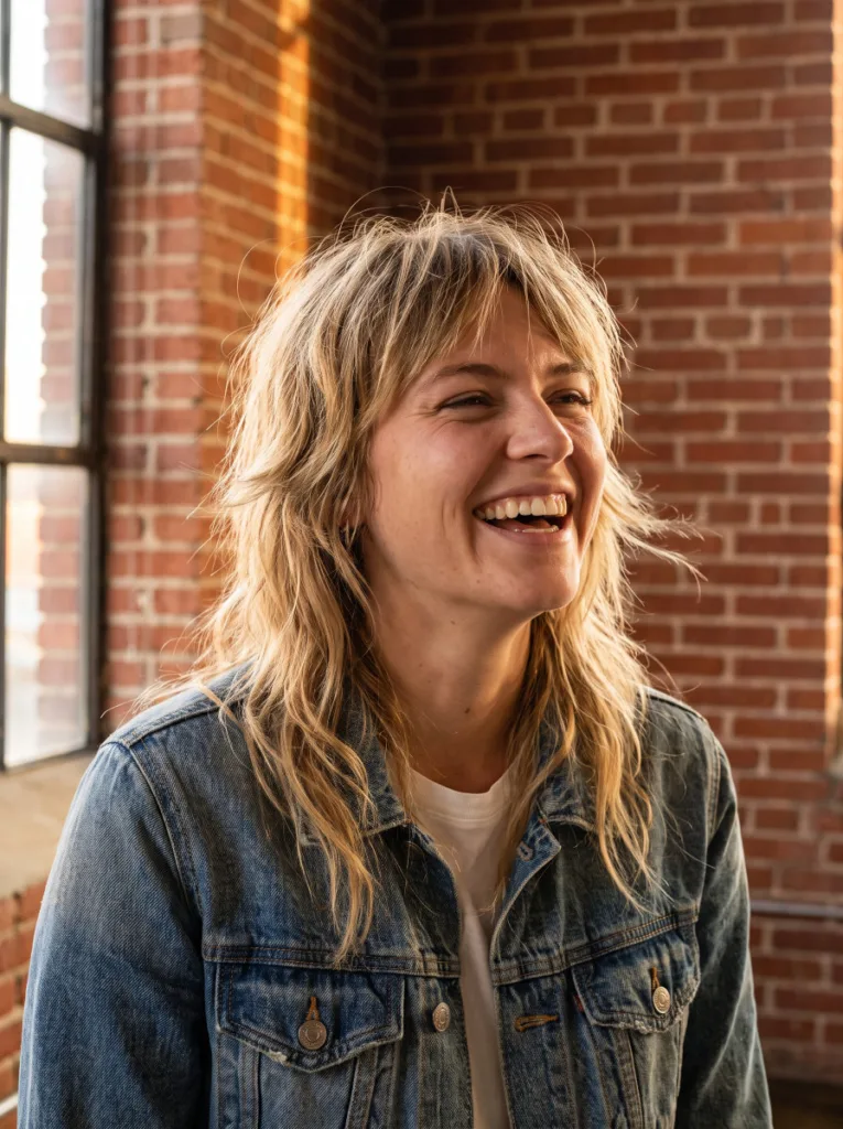 Woman with a textured shag bob and choppy layered ends at chin length