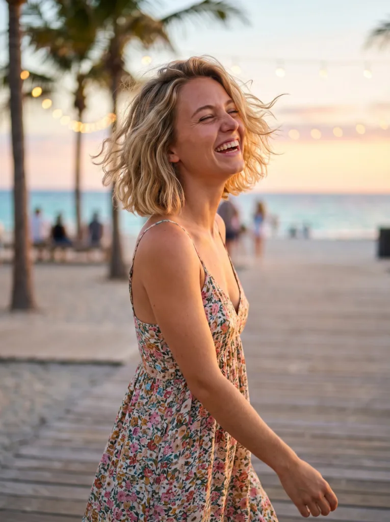 Woman with a wavy chin length bob showing loose beachy waves