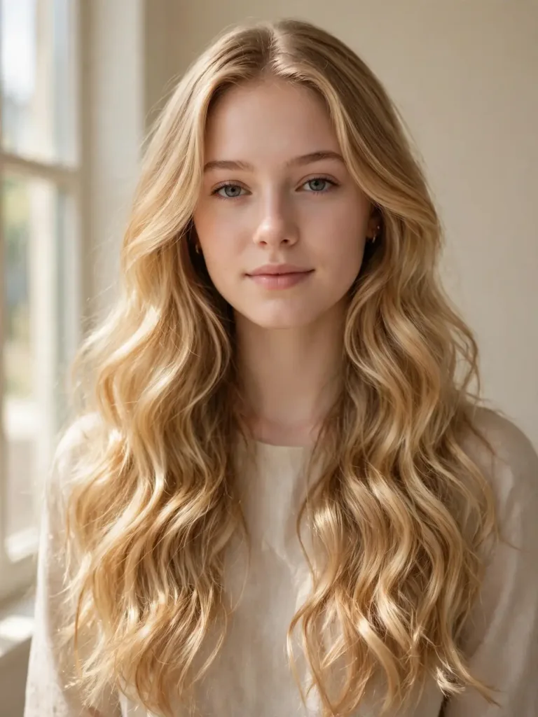Brushed-out golden crimps on long blonde hair