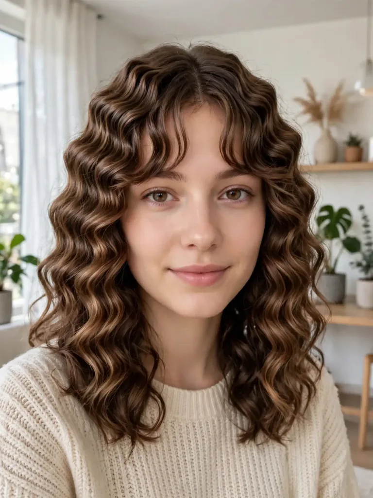 Crimped waves with curtain bangs