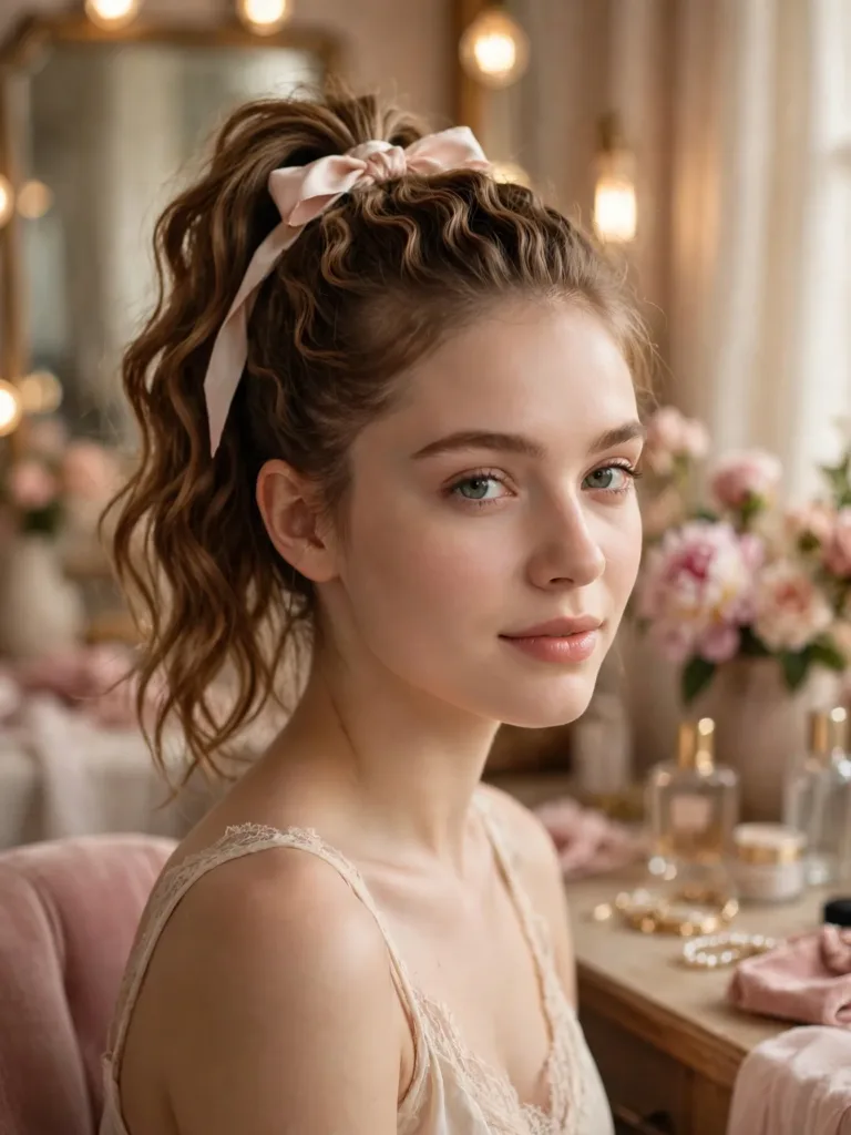 Romantic crimped ponytail tied with a satin ribbon
