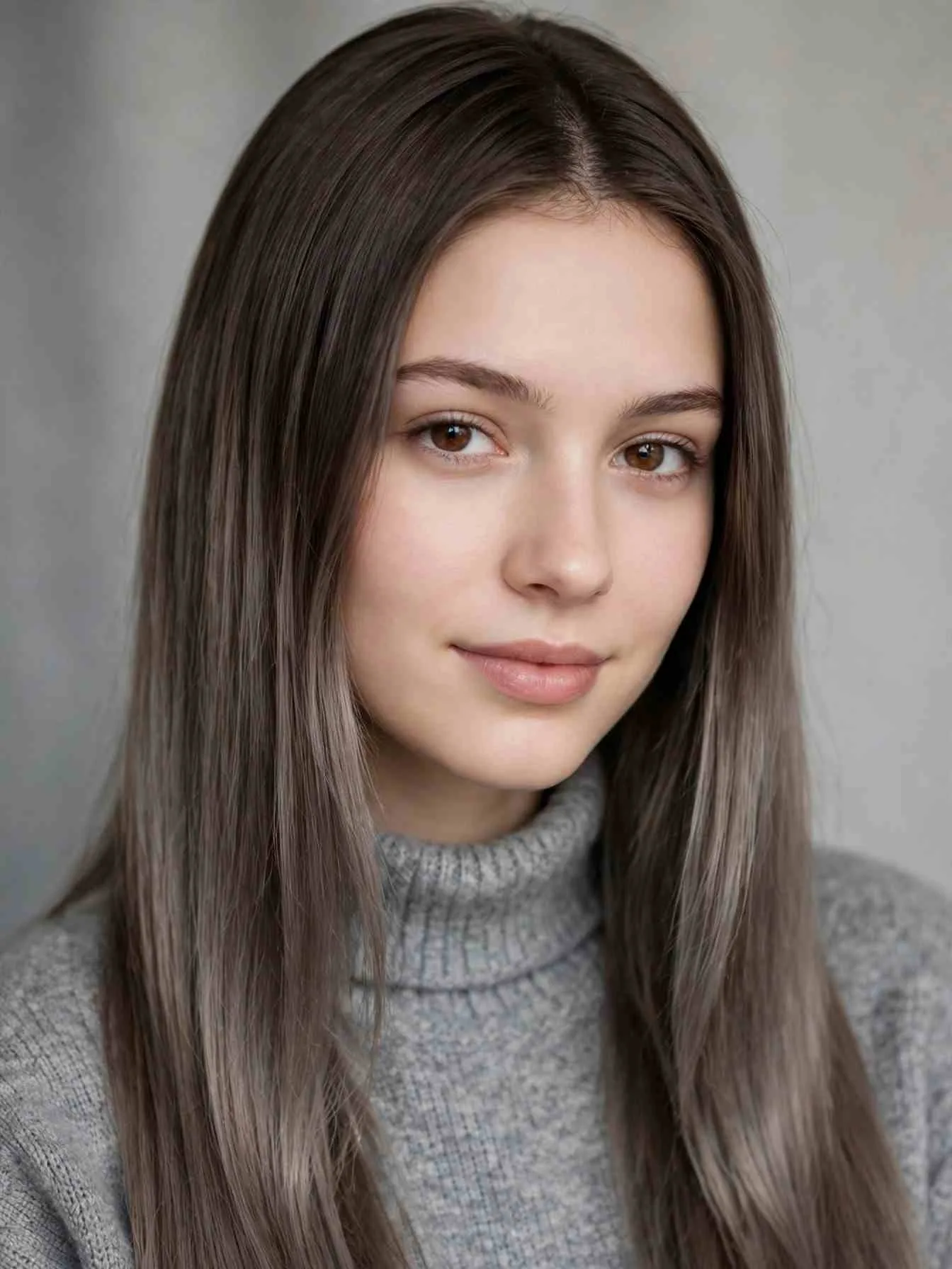 Mushroom brown root melt with smoky taupe lengths