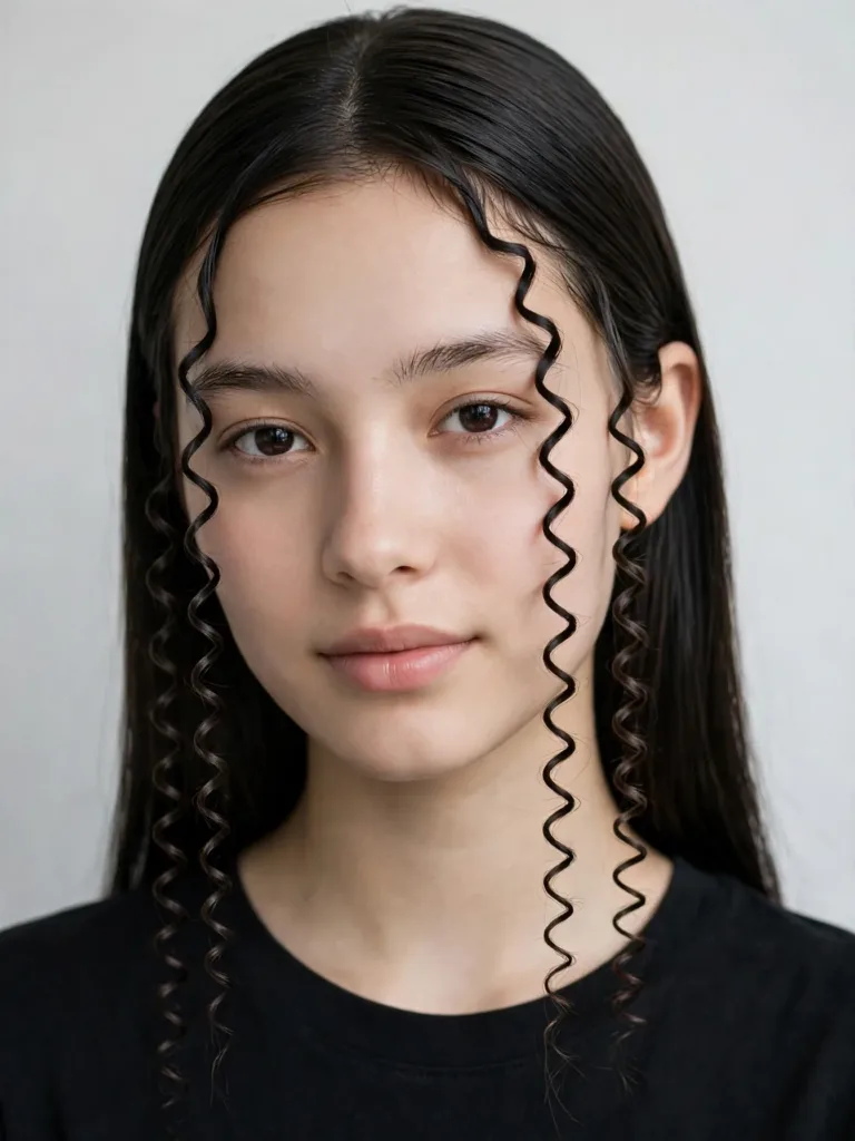 Sleek dark hair with crimped accent strands