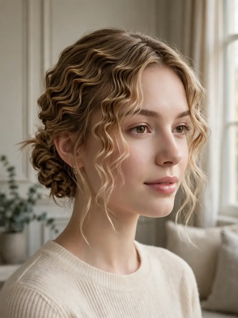Soft crimped chignon with face-framing pieces