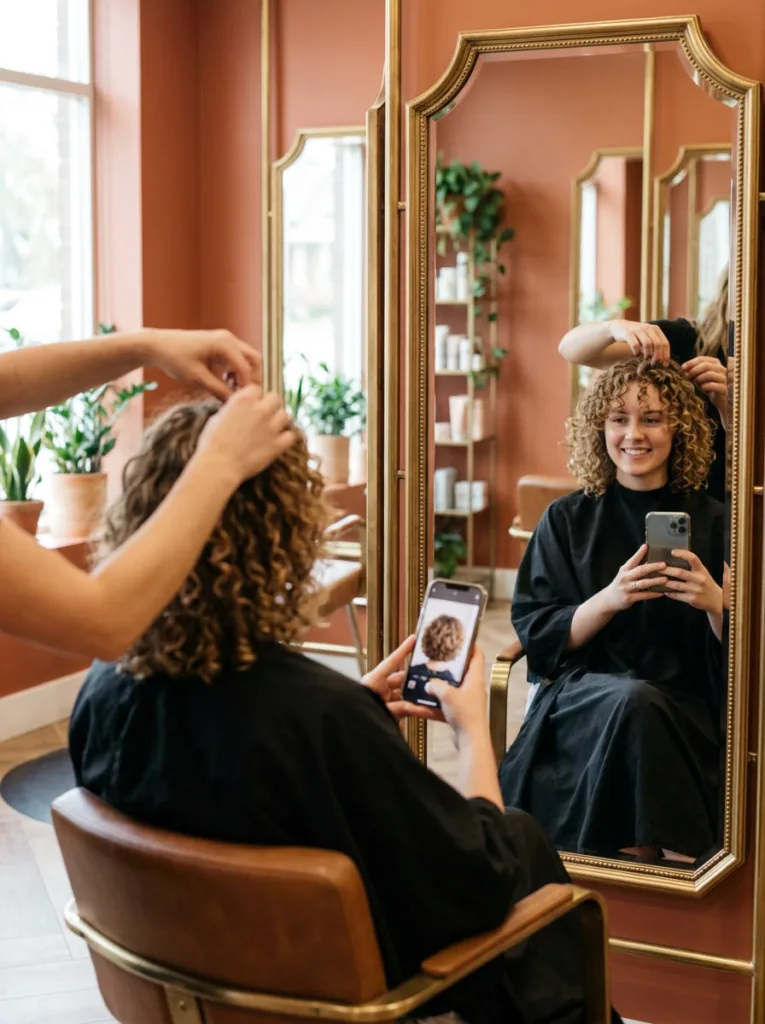 Young woman in a salon chair showing her stylist a cherub bob reference photo before her haircut