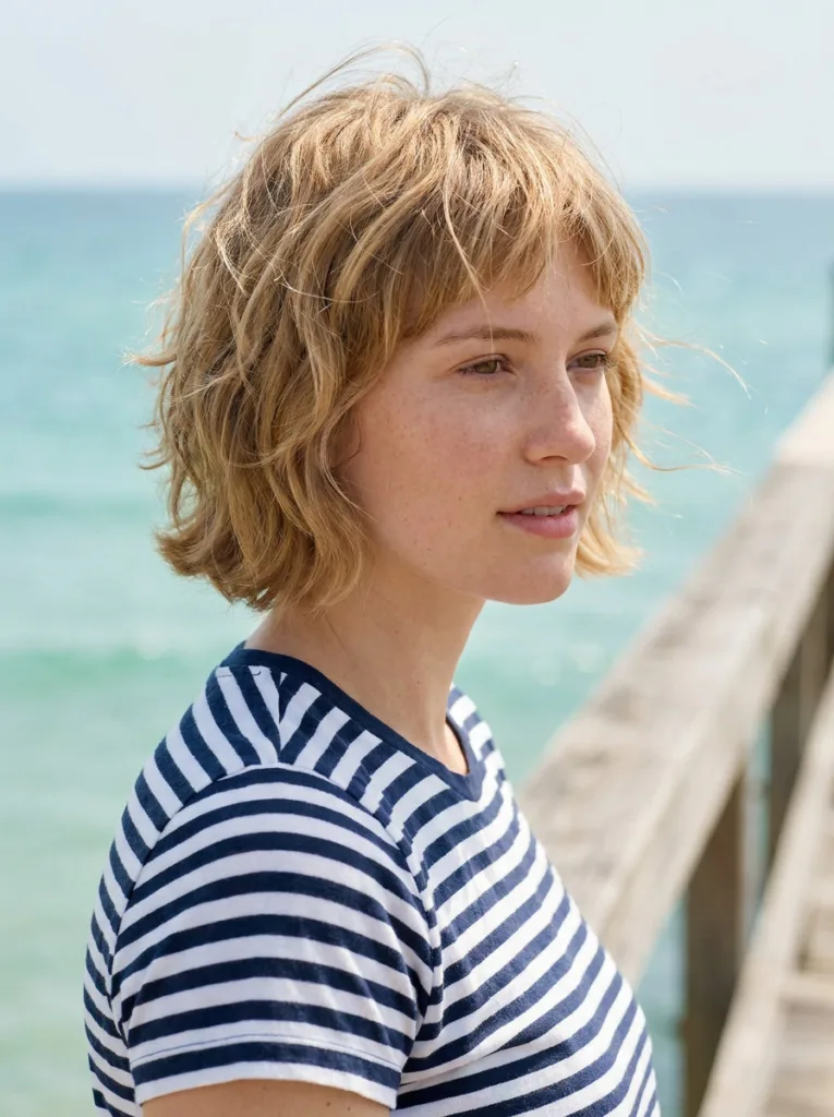 Beachy cherub shag with choppy crown layers and sea salt wave texture on a young woman by the ocean