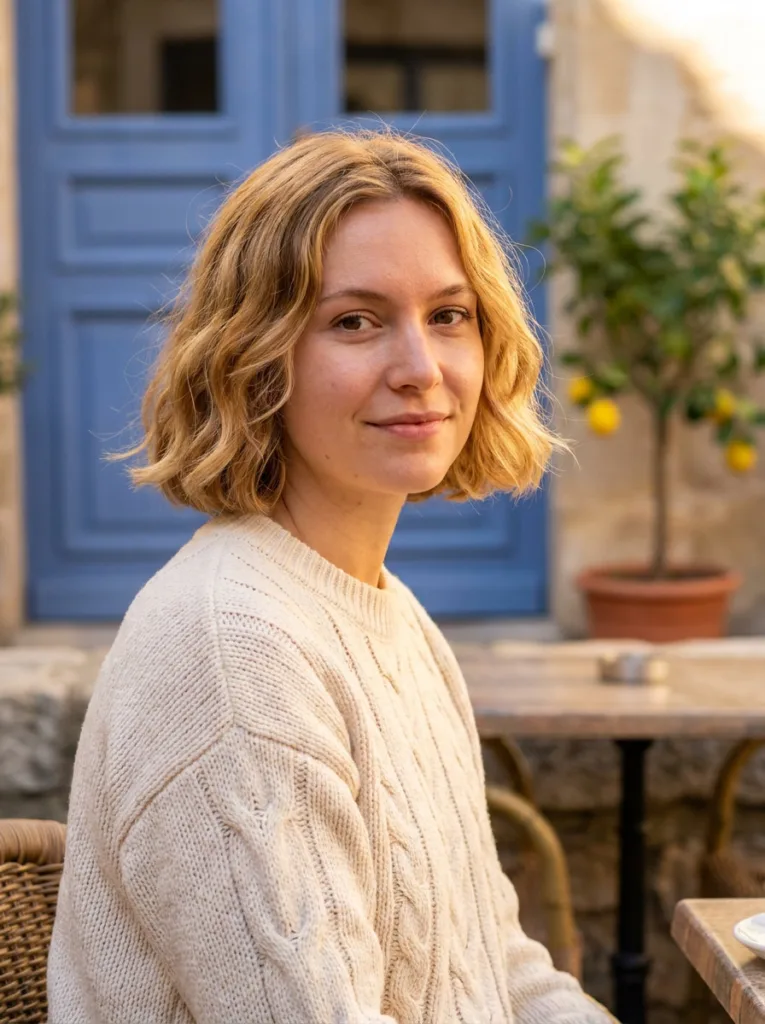 Classic rounded cherub bob on loose waves, jaw-length rounded layered bob on a young woman at a sunny cafe