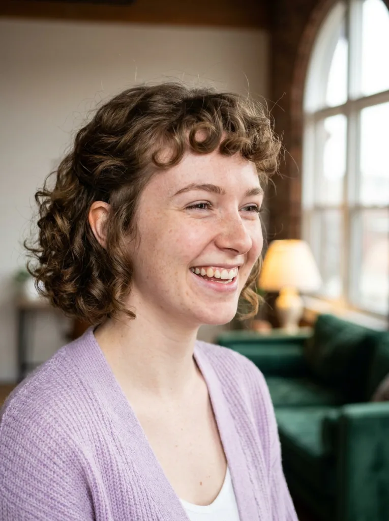 Curly cherub cut with a short curly fringe sitting above the brows and curving up at the sides