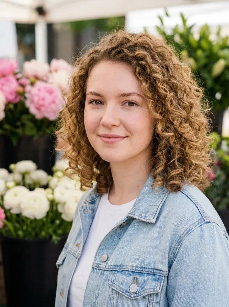 Longer curly cherub lob at collarbone length with rounded face-framing layers on a round face