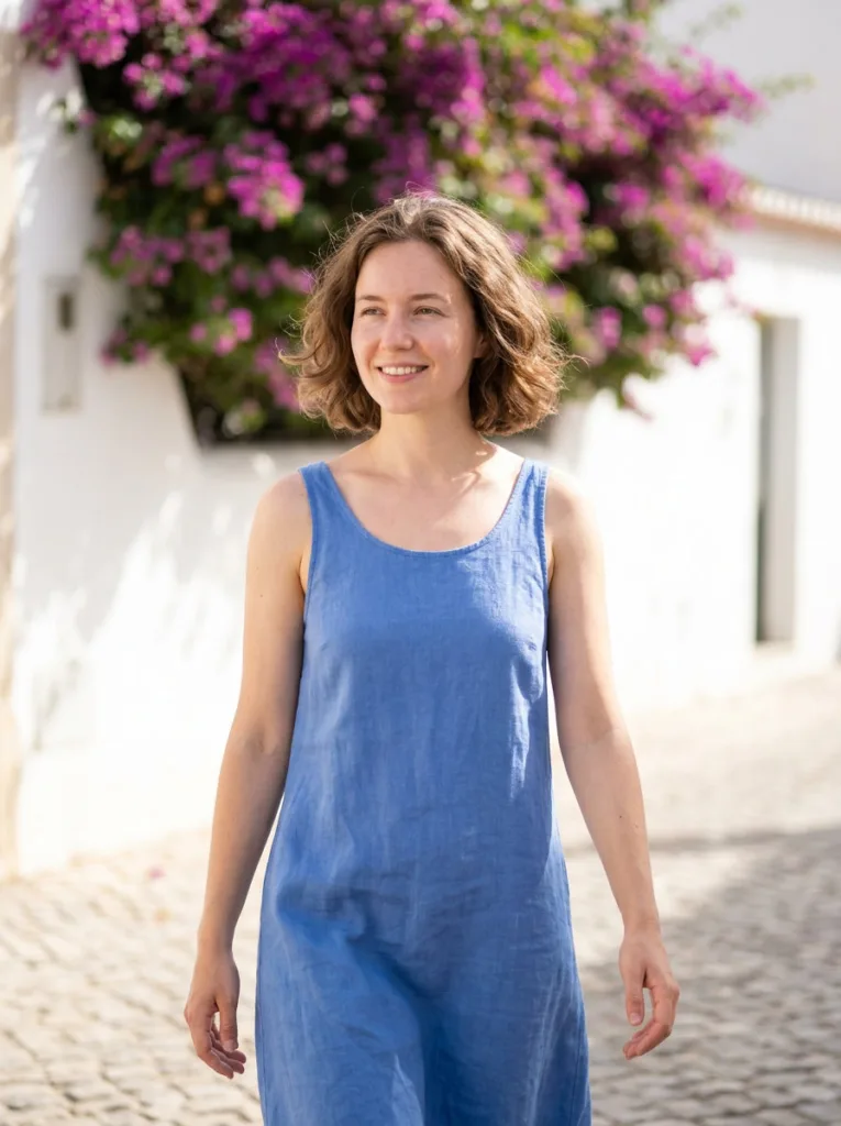 Soft perm cherub cut with loose open body waves on a young woman on a flower-lined street
