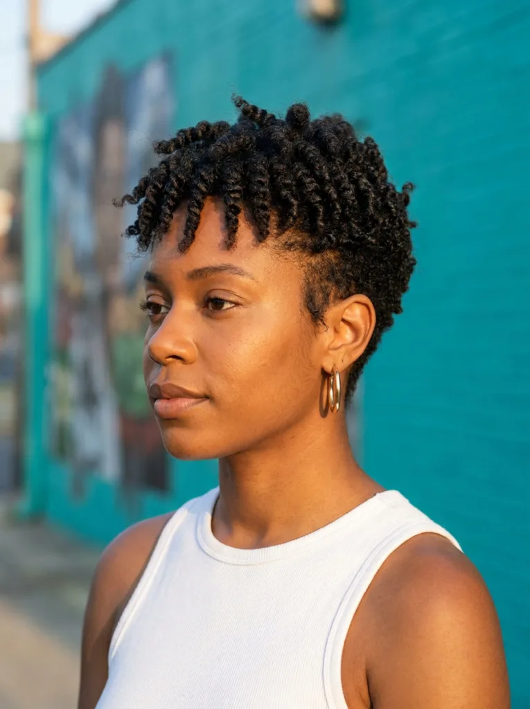 Tapered coily cherub cut with short sides and nape and a full rounded twist-out top