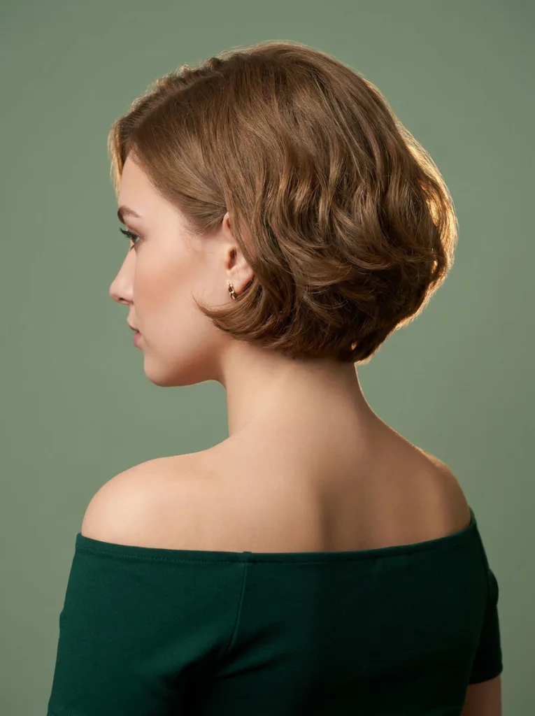Three-quarter back view of a cherub bob showing graduated nape and a rounded fringe curving up at the temple