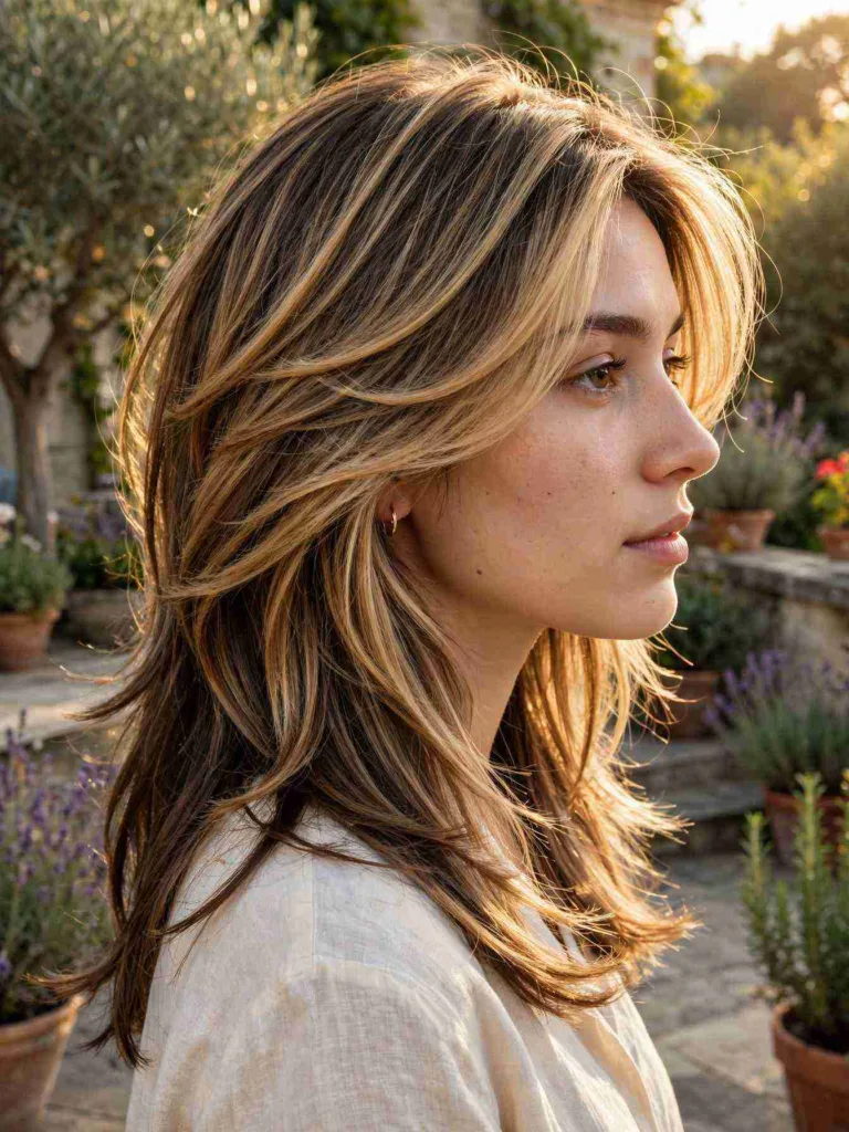 Balayage-lit layered butterfly with dimensional highlights
