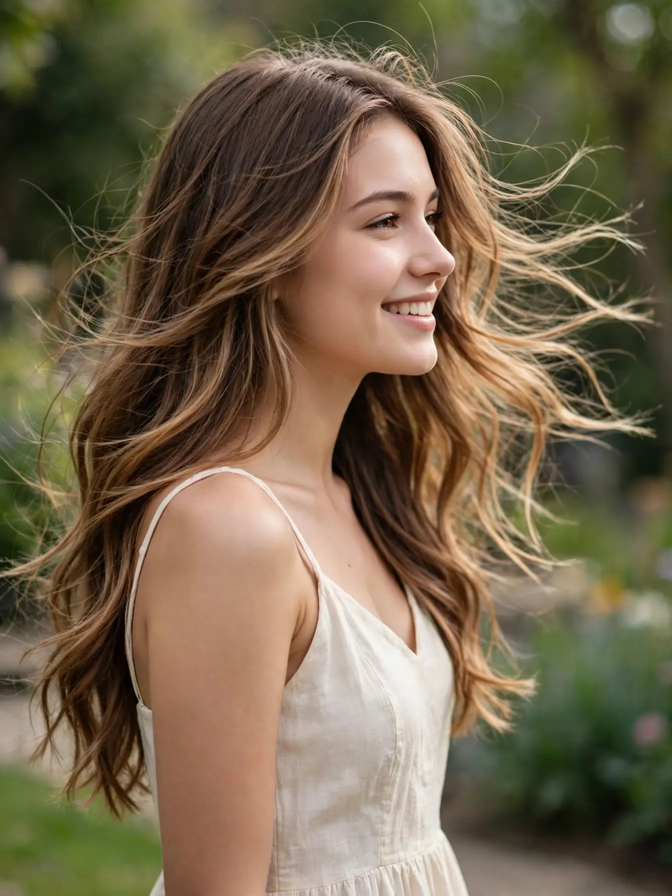 Golden mocha balayage waves in soft sunlight