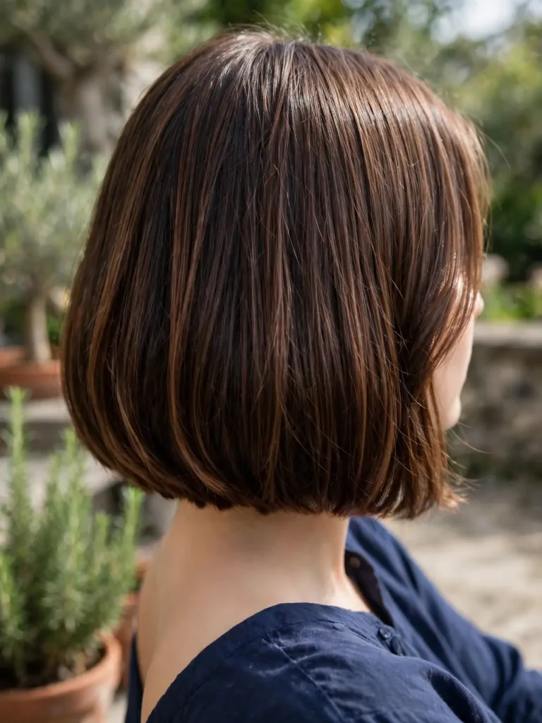 Back view of a rich dimensional espresso-brunette bob with glossy shine