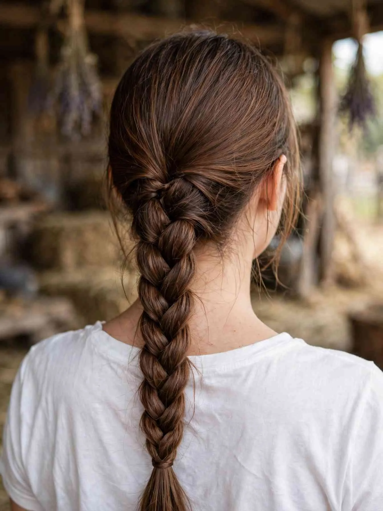 Low braided ponytail worn under a cowboy hat, back view