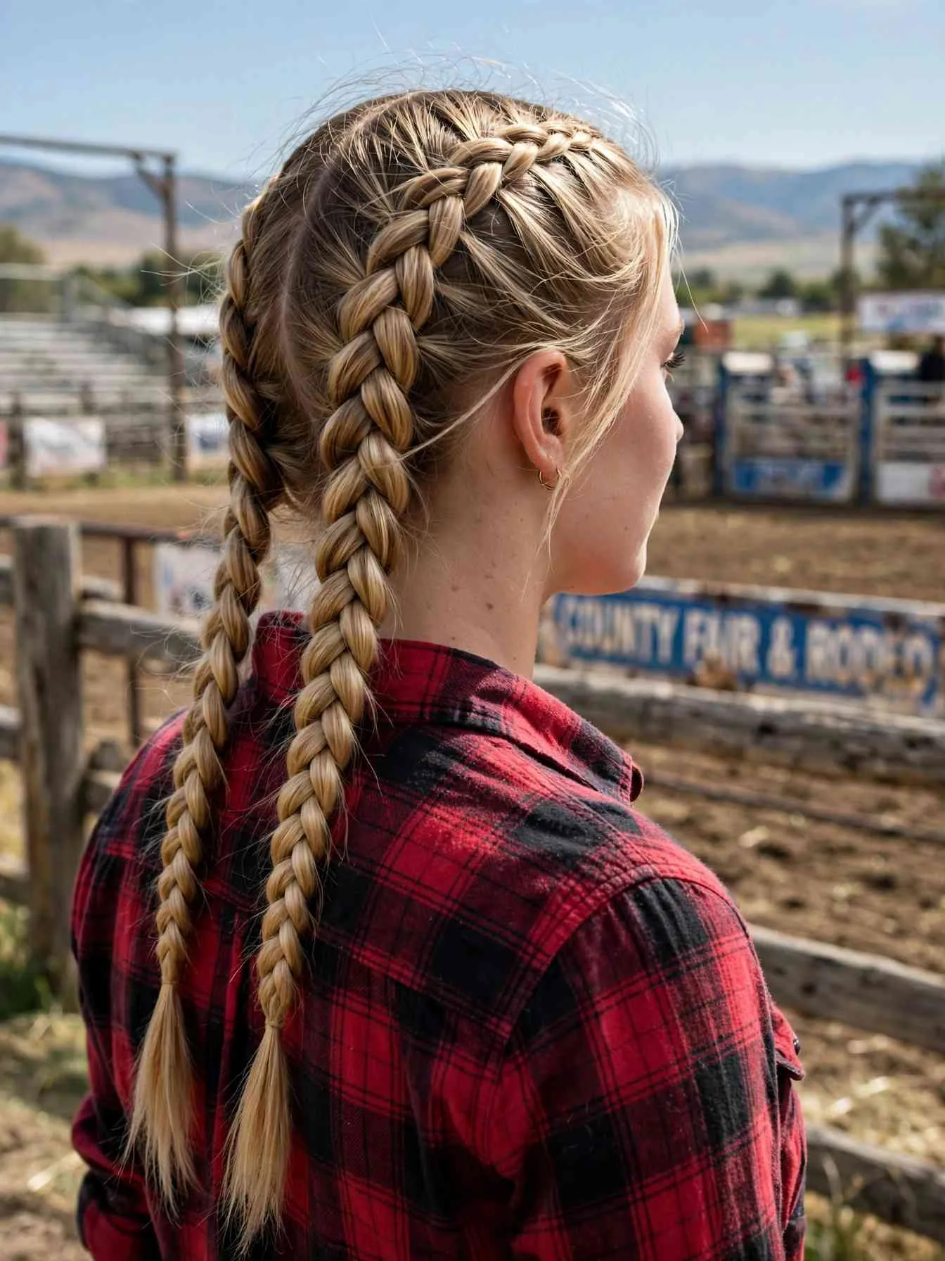 Double Dutch braids on long blonde hair, western style