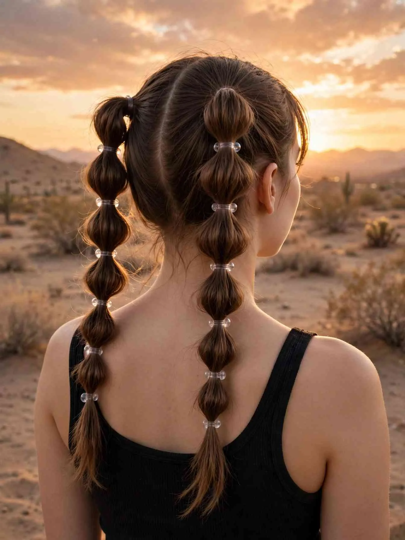Bubble braid pigtails with mini elastics on brown hair