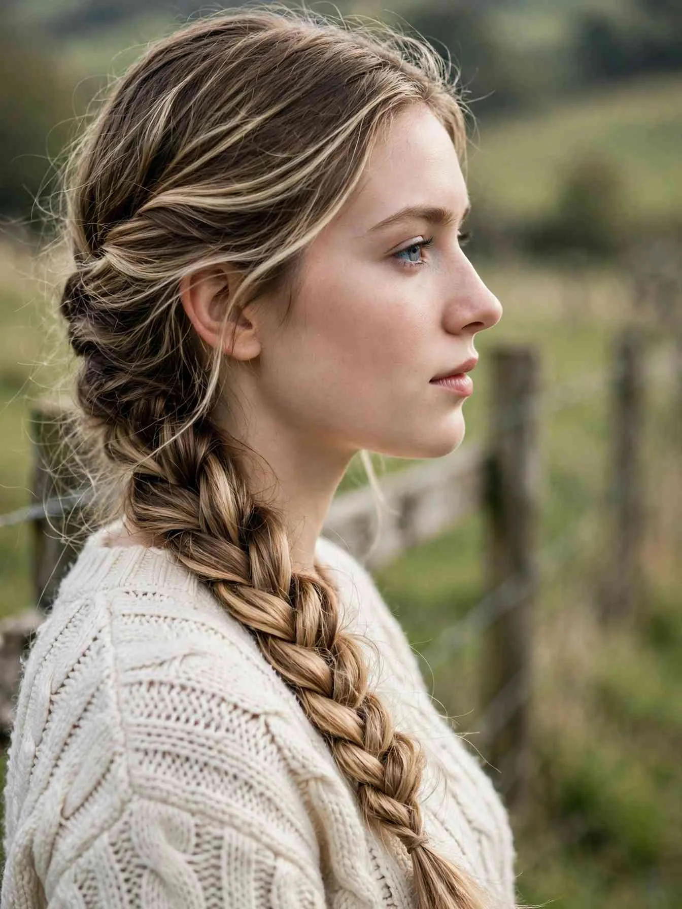 Side fishtail braid draped over one shoulder