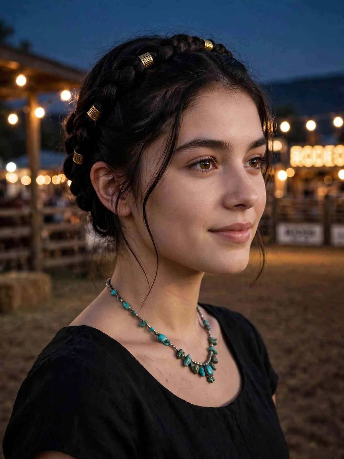 Braided crown updo with small gold cuffs