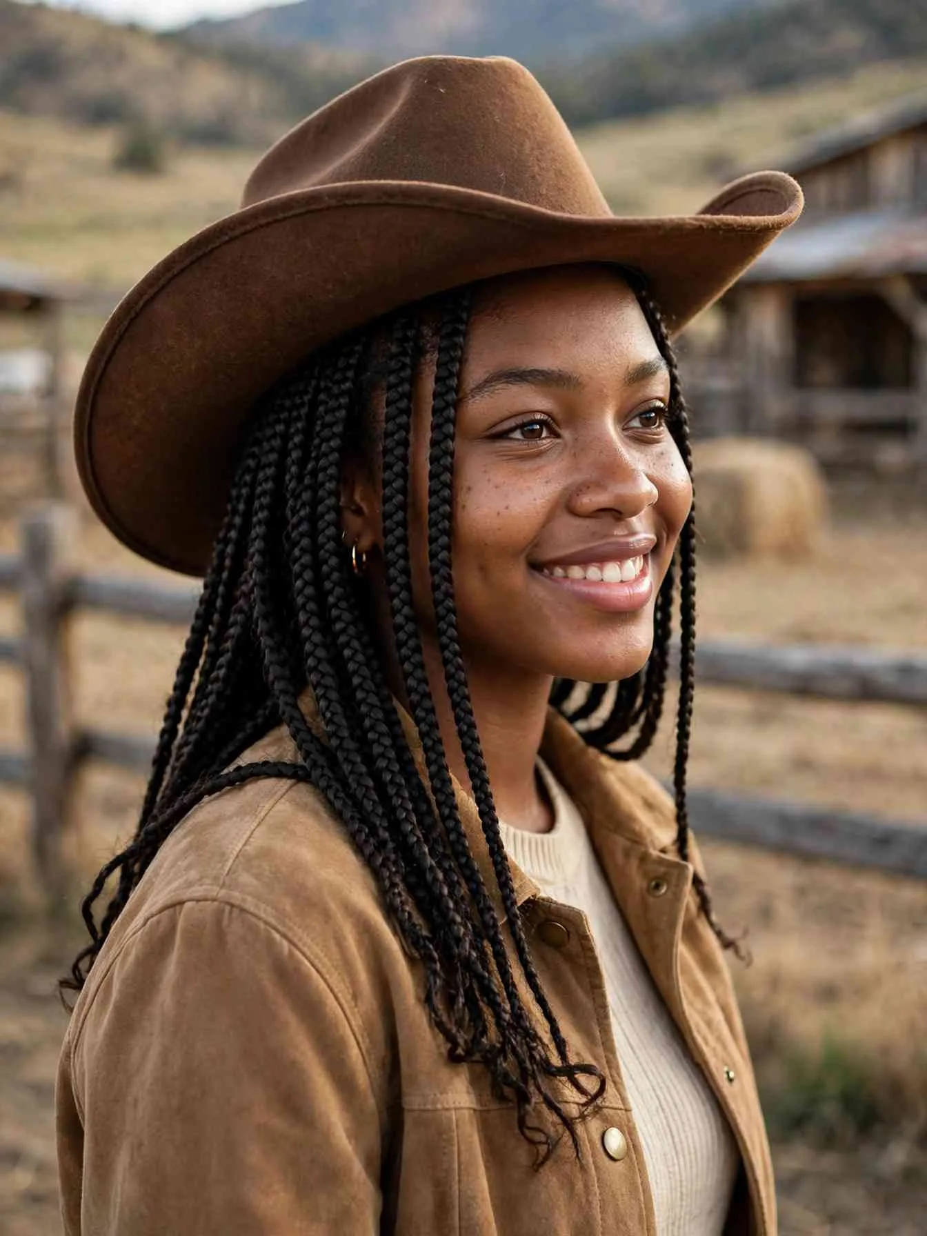 Medium box braids worn down under a western hat