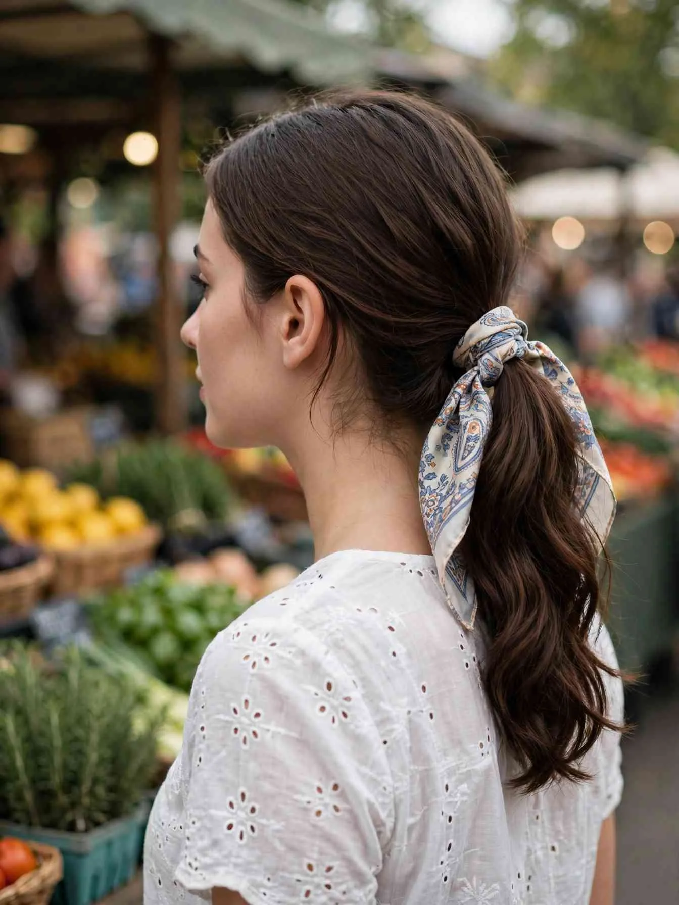 Low ponytail wrapped with a patterned silk scarf